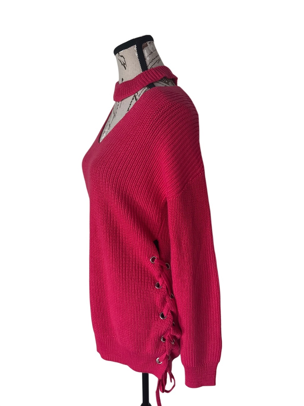 Guess Fuchsia V-Neck Sweater with Side Lace-Up Detail